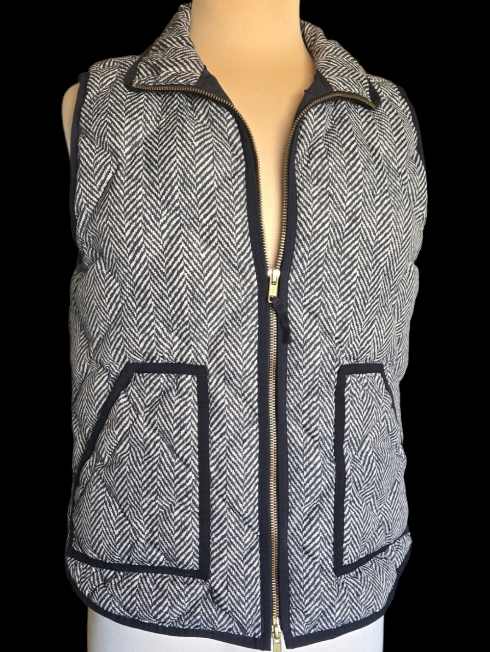 J. Crew Black & Cream Herringbone Quilted Vest with Contrast Trim